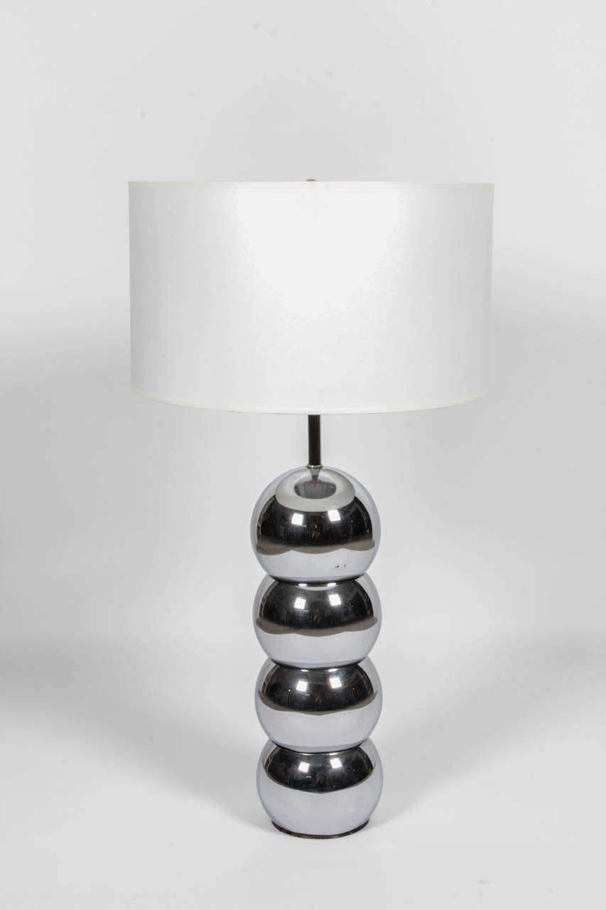 Chrome ball table lamp.  USA, circa 1970.  Two available; priced individually.  Newly rewired for U.S.; takes one standard build, 75 watts max.
