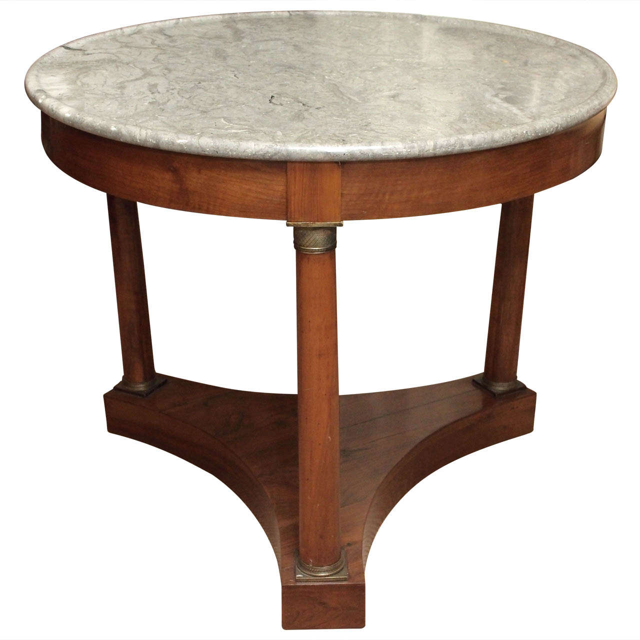 19thc Empire Style Walnut Gueridon marble top, brass accents
