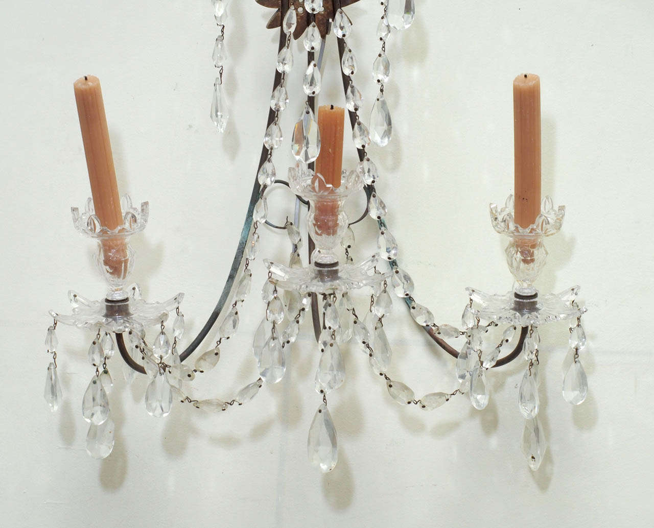 Bronze Pair of Early 20th Century Crystal Sconces For Sale