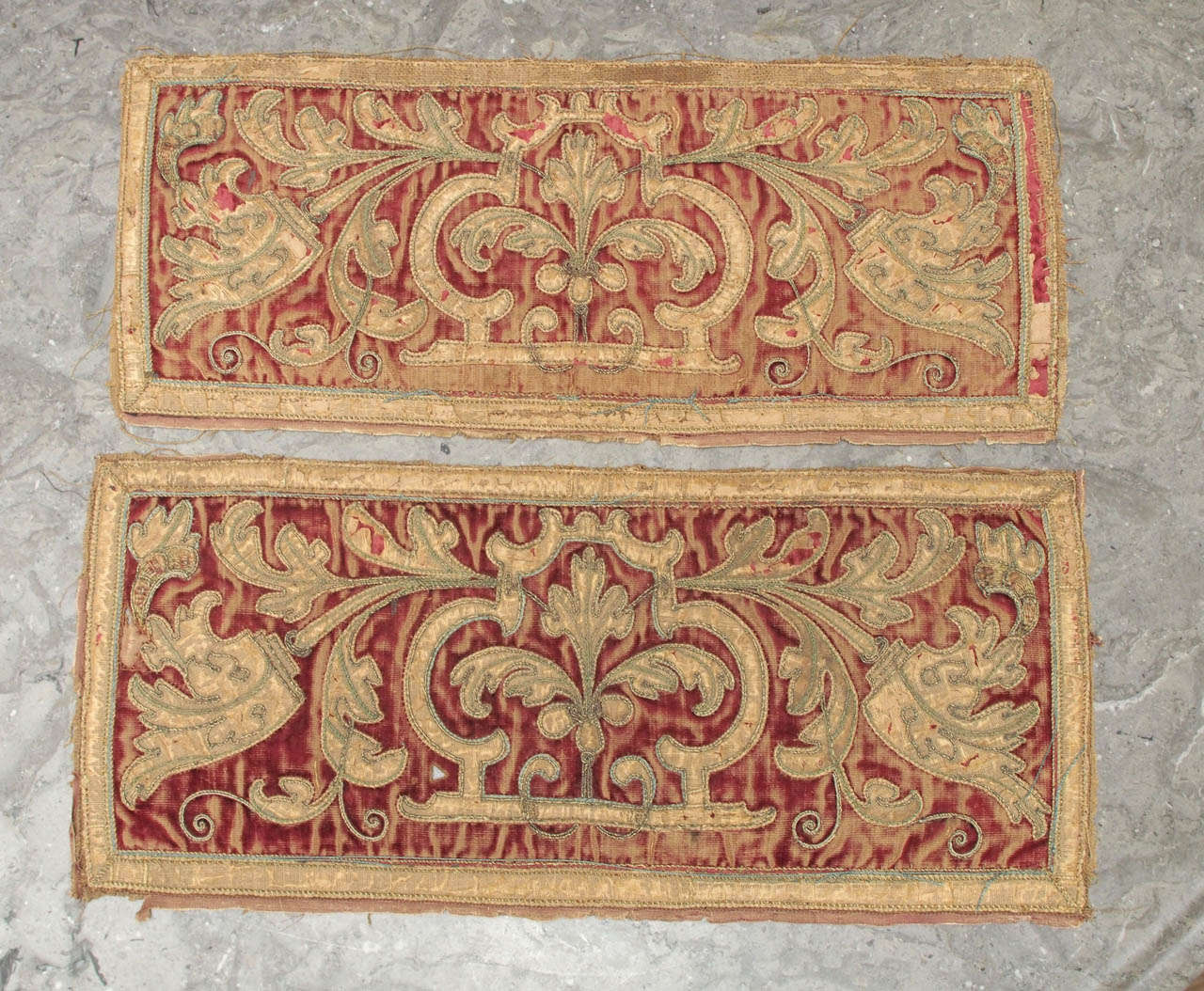 A pair of religious silk embroidered applique panels from the Renaissance era. These would be stunning appliqued onto cushions.
