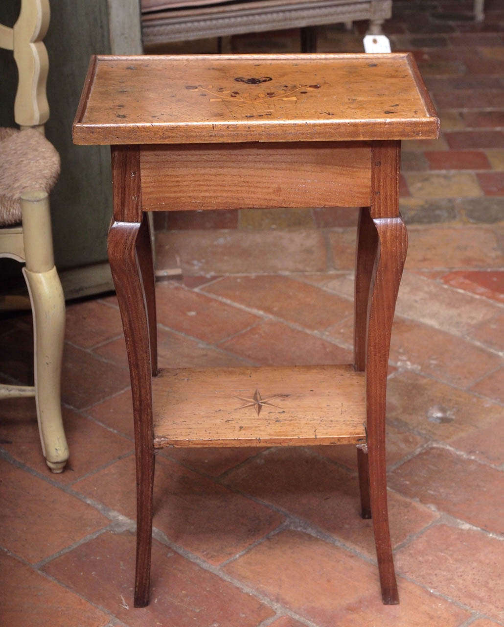 Early 19Th Century Small French Walnut Side Table With Oak And Olive Wood Inlay And One Shelf.