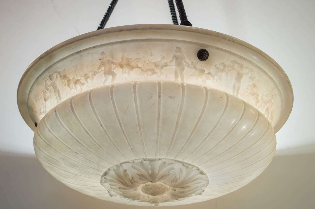 Neoclassical Carved Alabaster Bowl Pendant/Chandelier