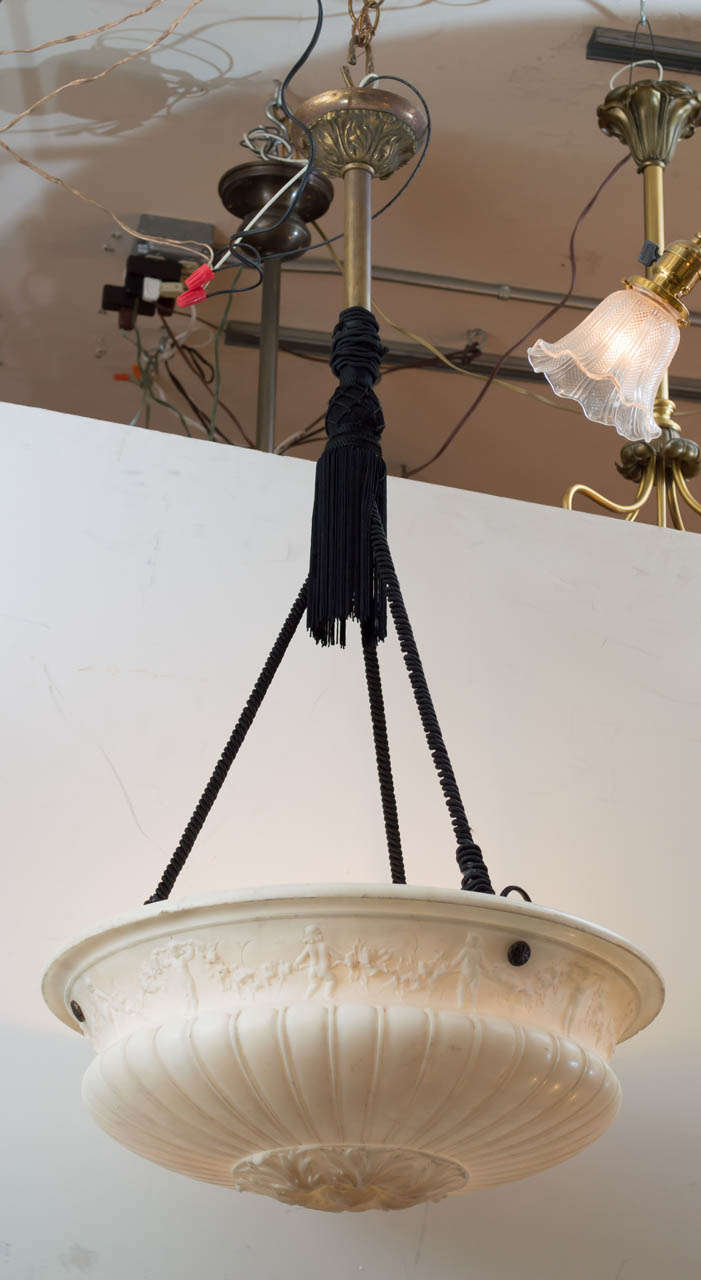 Carved Alabaster Bowl Pendant/Chandelier In Excellent Condition In Petaluma, CA