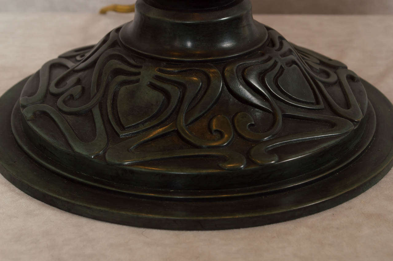 American Art Nouveau Bronze and Bent Slag Glass Lamp by Gorham