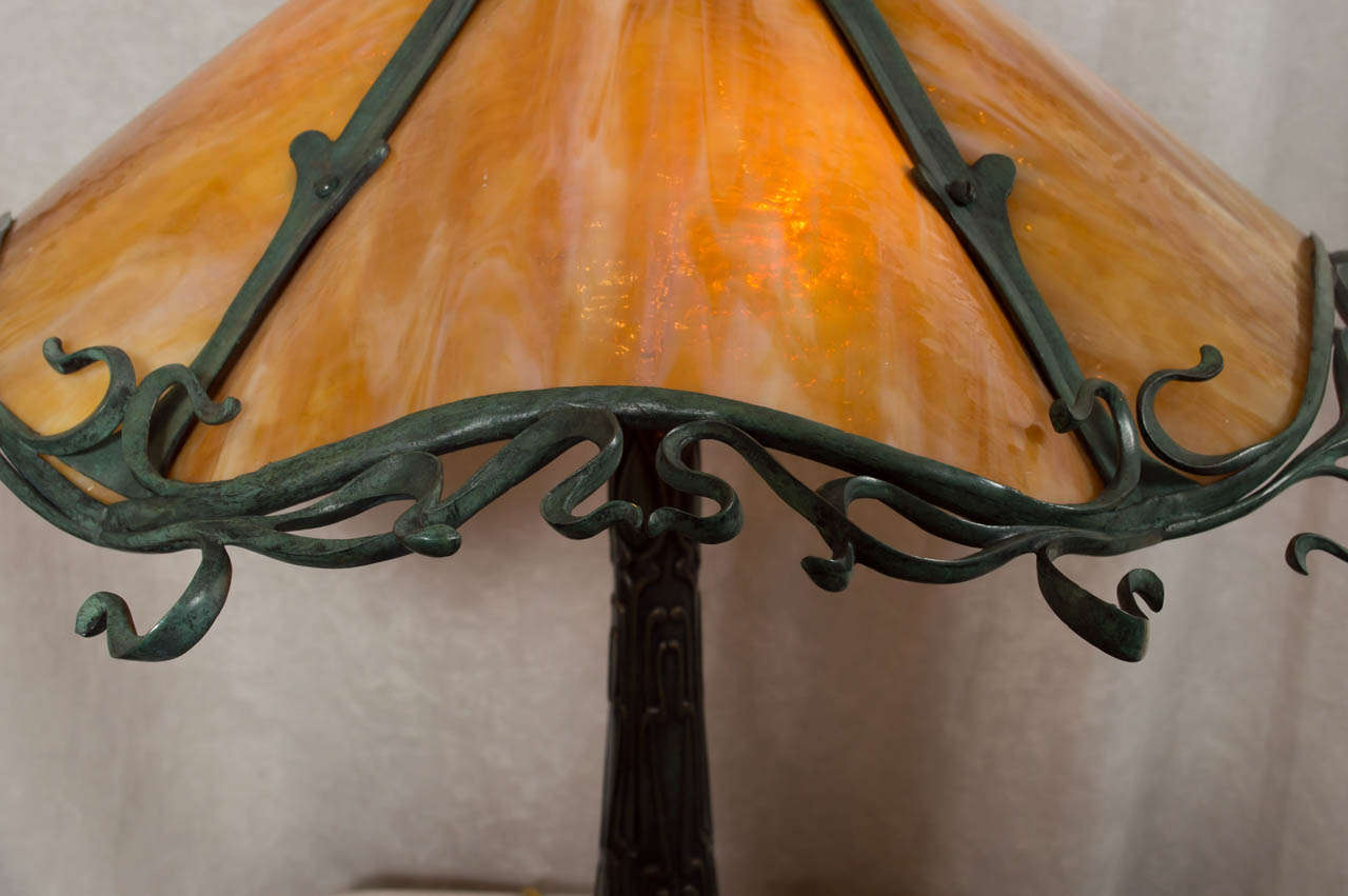 Art Nouveau Bronze and Bent Slag Glass Lamp by Gorham In Excellent Condition In Petaluma, CA
