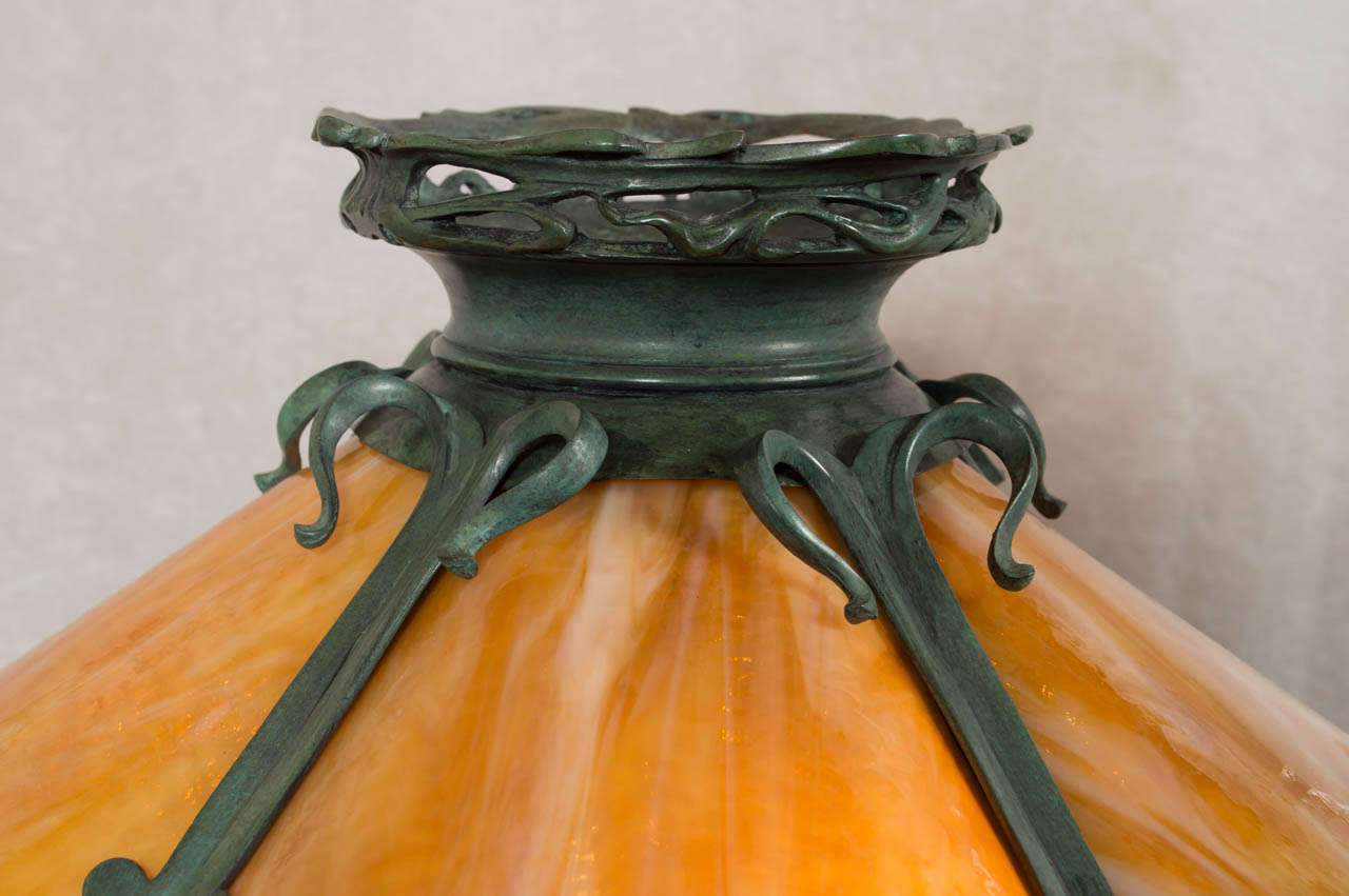 20th Century Art Nouveau Bronze and Bent Slag Glass Lamp by Gorham