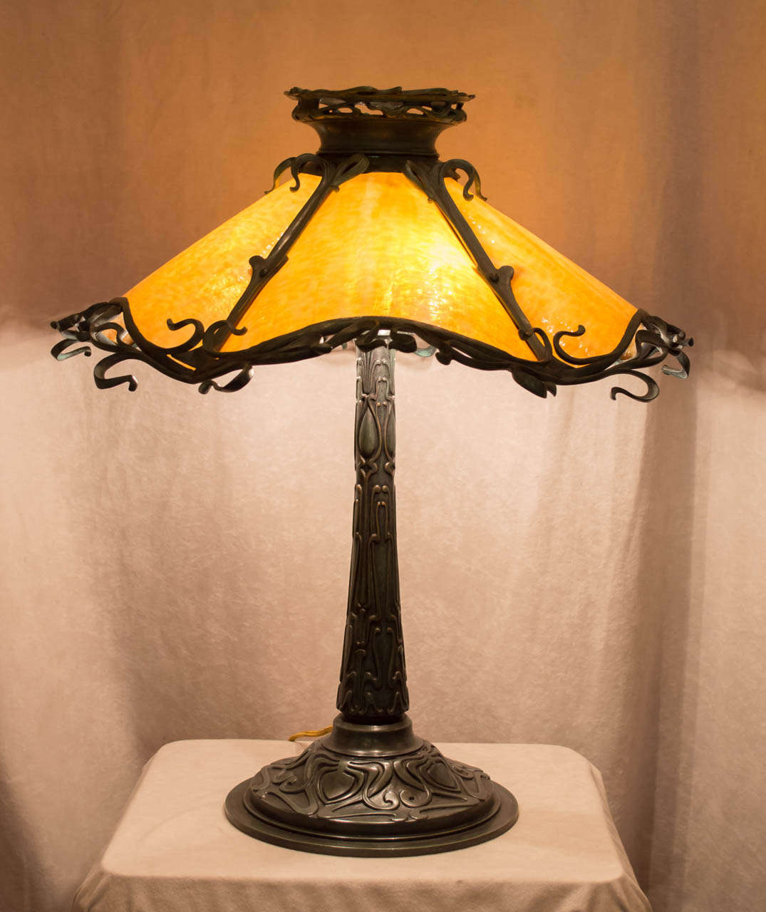 Art Nouveau Bronze and Bent Slag Glass Lamp by Gorham 1