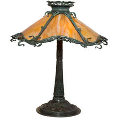 Art Nouveau Bronze and Bent Slag Glass Lamp by Gorham