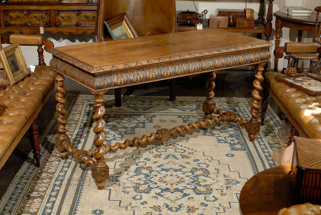 Long French table with carving and Barley twist legs and stretcher. Long drawer in front.