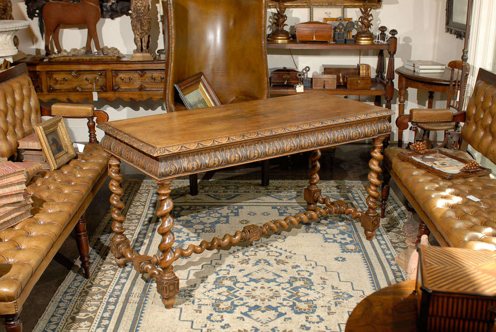 French Long Carved Table With Barley Twist Legs