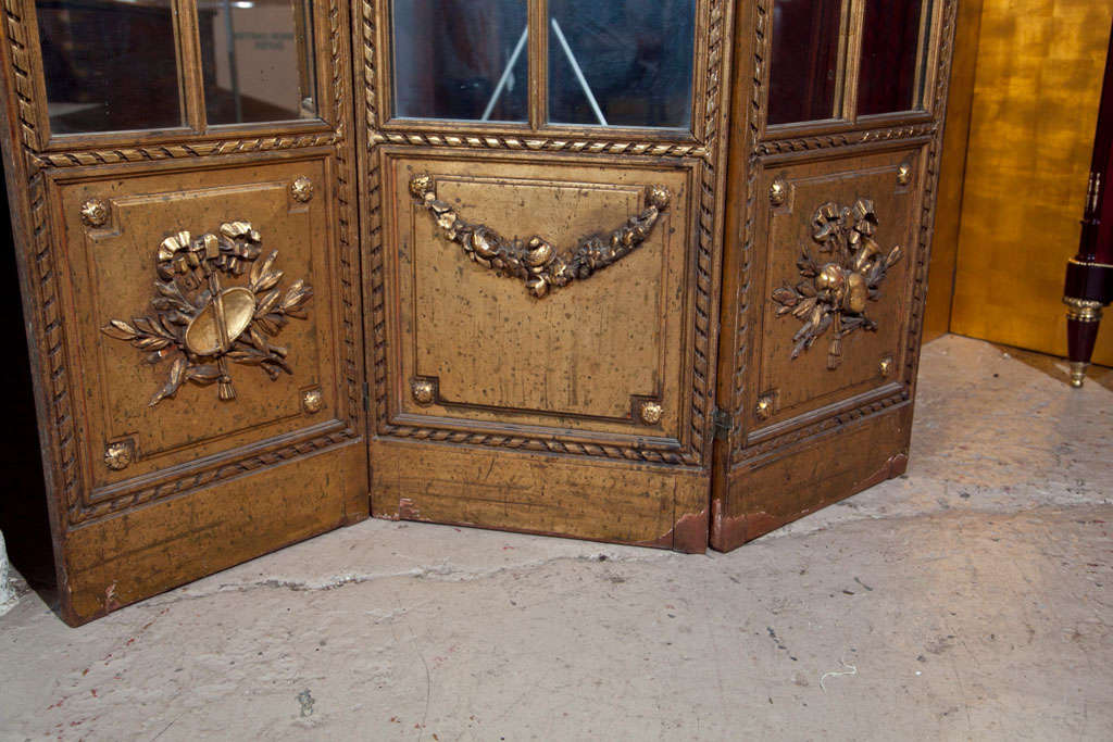 Gilt Mirrored Back Three-Panel Louis XVI Style Folding Screen Gilt Gold Finish For Sale 1