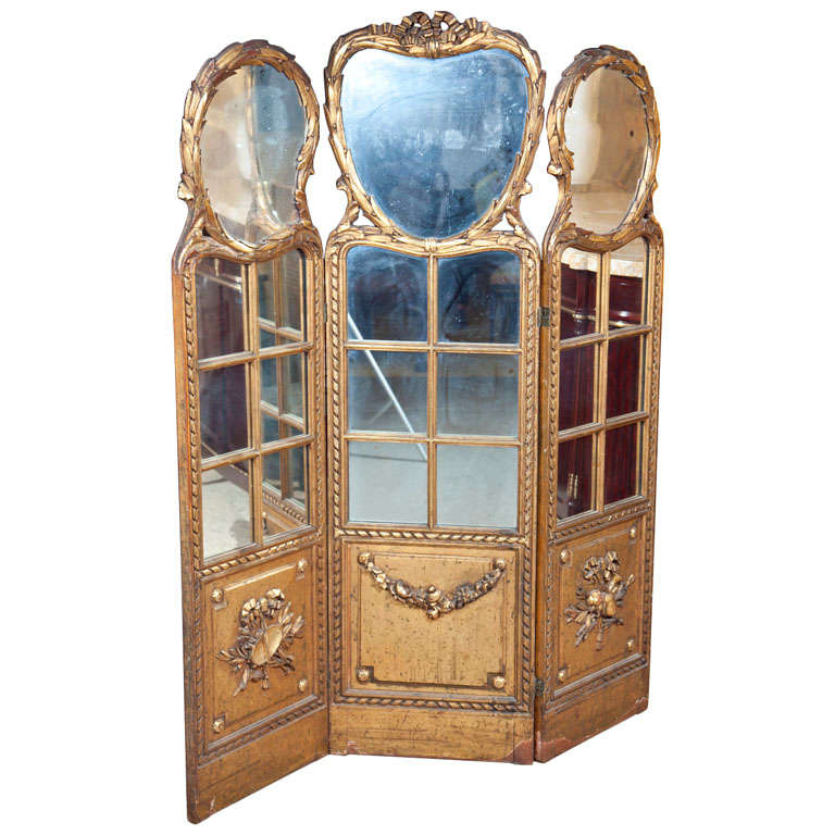 Gilt Mirrored Back Three-Panel Louis XVI Style Folding Screen Gilt Gold Finish For Sale