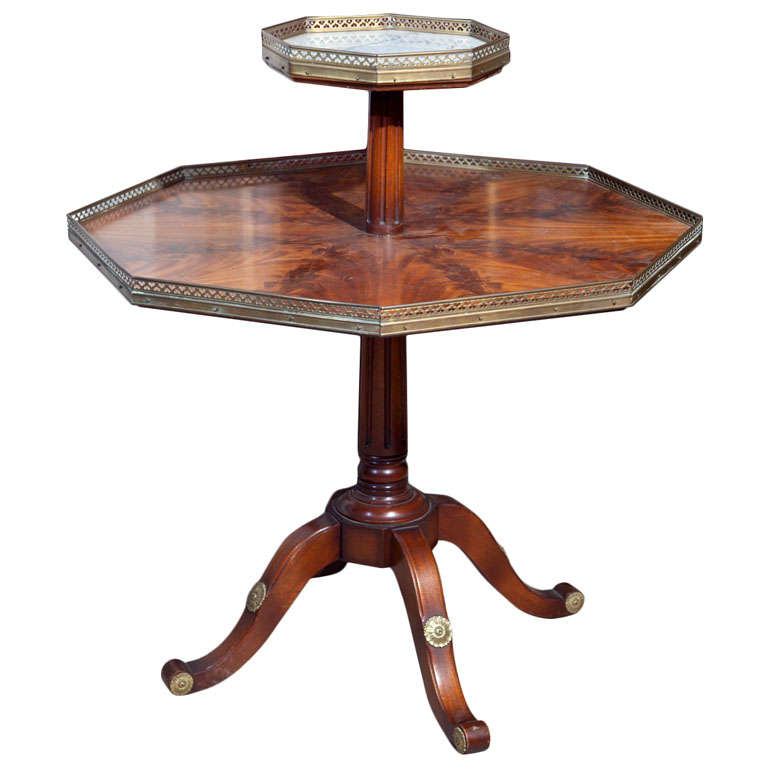 Flame Mahogany Octagonal Two-Tier Table White Marble Top Pedestal Base Jansen For Sale
