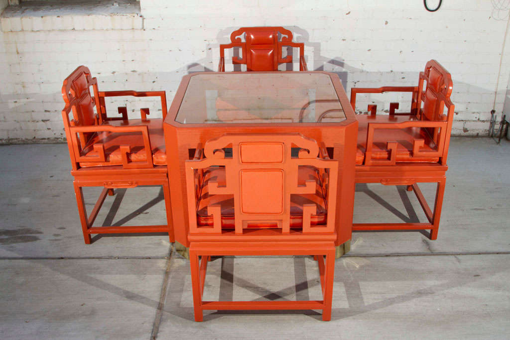 Late 20th Century Chinoiserie Orange Lacquer Dining Set