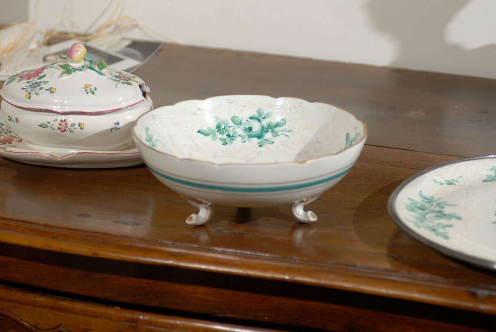 Painted French Limoges Porcelain Bowl with Green Bouquet of Roses and Underplate