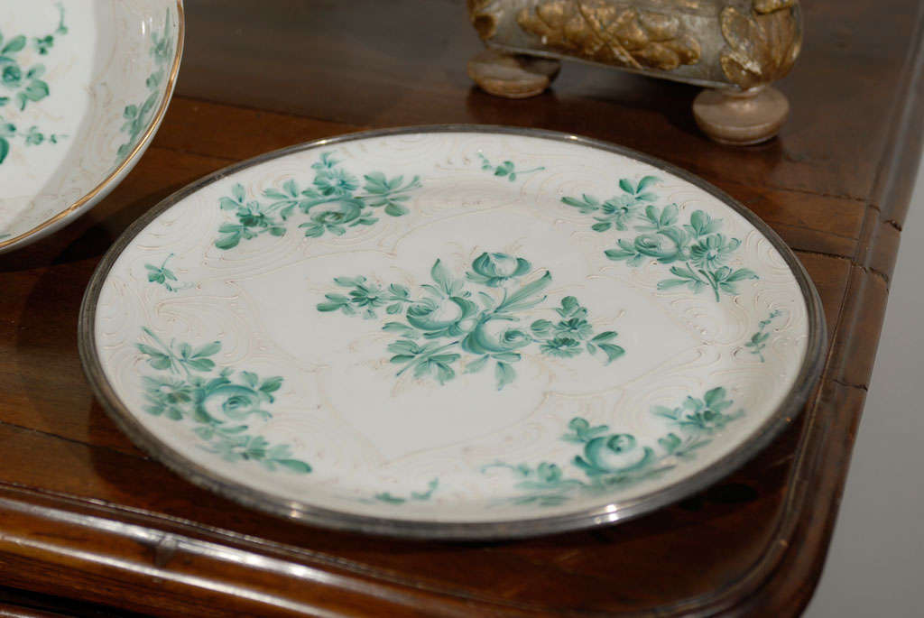 French Limoges Porcelain Bowl with Green Bouquet of Roses and Underplate 1