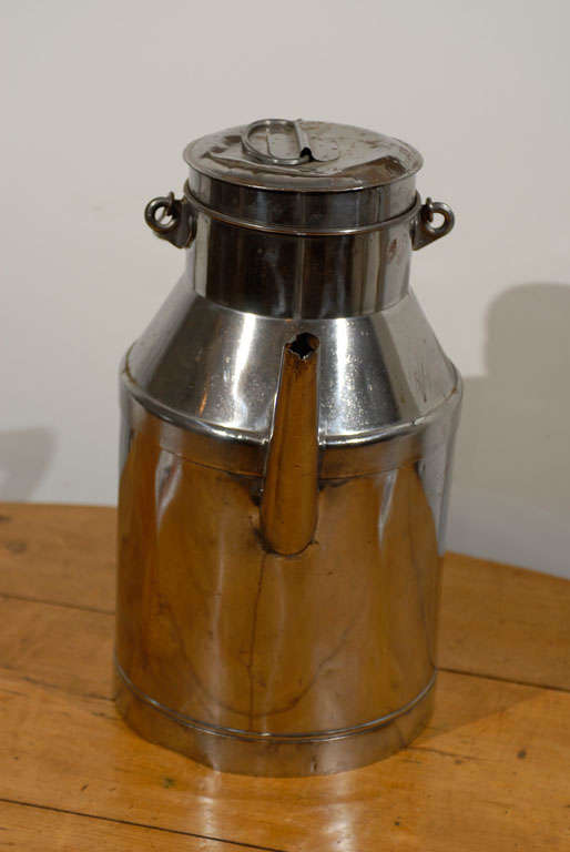 French 19th Century Metal Milk Can with Long Spout and Wooden Handle In Good Condition For Sale In Atlanta, GA