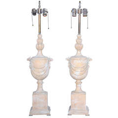 Pair of Wooden Urn Table Lamps with Chain Decoration