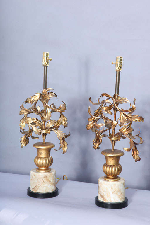 Italian Pair of Gilded Iron Leaf Filled Urn Lamps