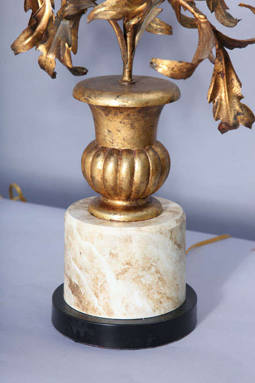 Mid-20th Century Pair of Gilded Iron Leaf Filled Urn Lamps
