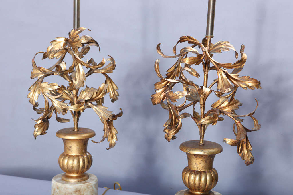 Pair of Gilded Iron Leaf Filled Urn Lamps 1