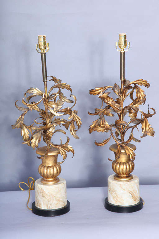 Pair of Gilded Iron Leaf Filled Urn Lamps 3