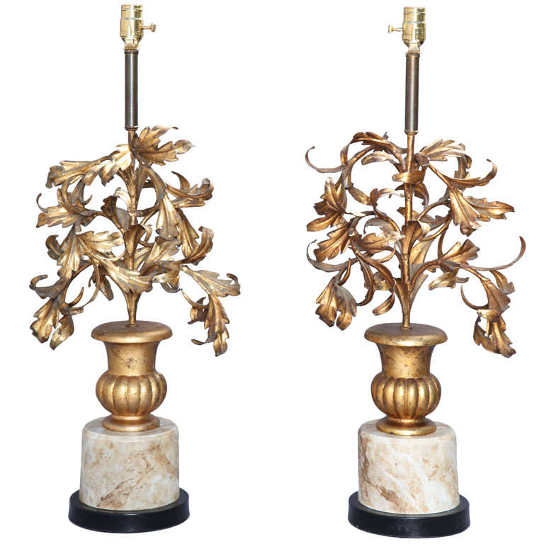 Pair of Gilded Iron Leaf Filled Urn Lamps