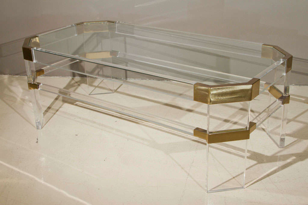 Glamorous lucite, brass and glass top coffee table by Charles Hollis Jones.