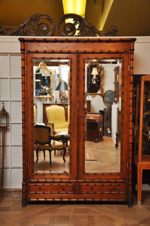 French Faux Bamboo Mirrored Armoire, Circa 1860