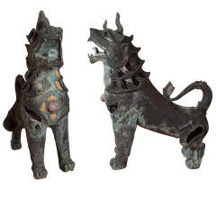 Antique Foo Dogs with Semi-Precious Stone Inlay