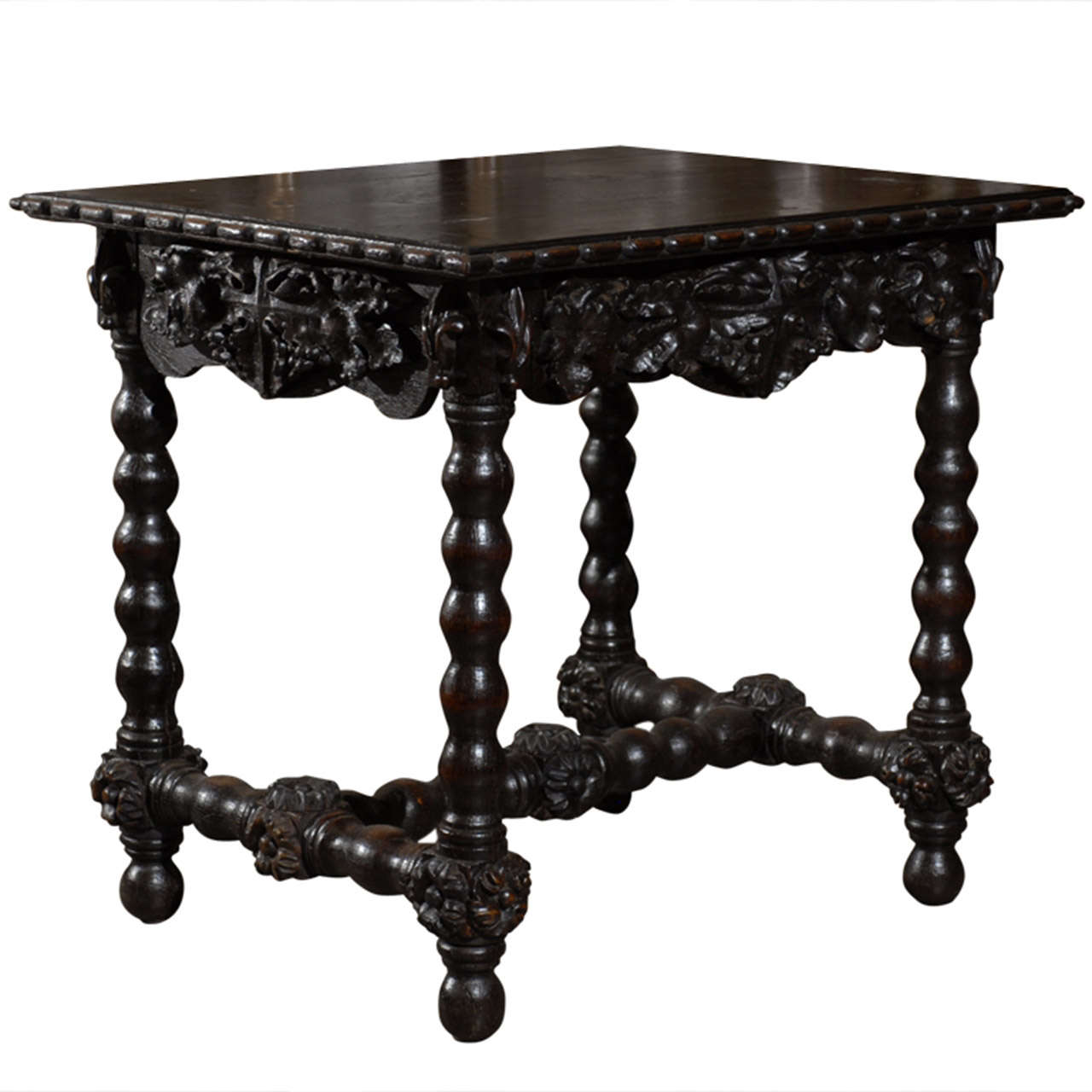 German Black Forest Oak Side Table with Turned Bobbin Legs, Late 19th Century