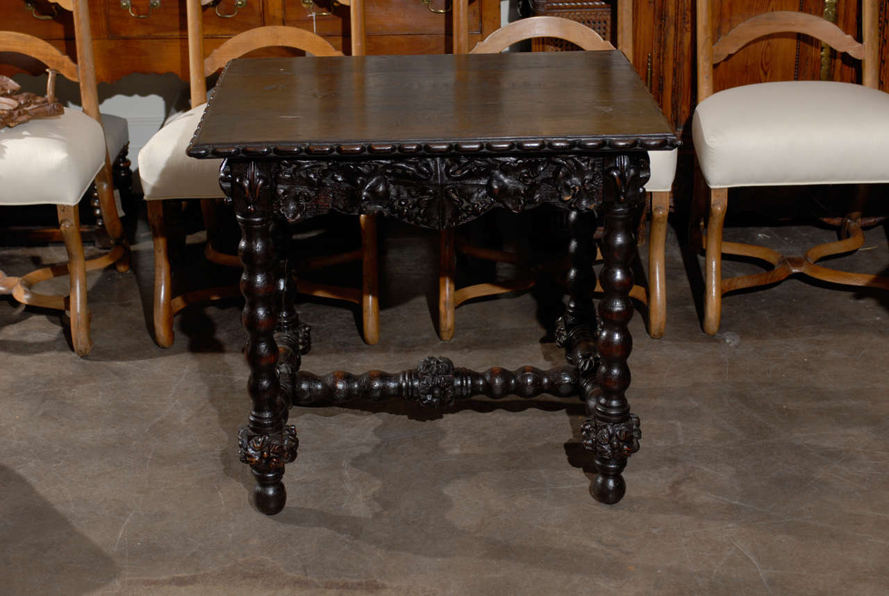Ebonized German Black Forest Oak Side Table with Turned Bobbin Legs, Late 19th Century For Sale