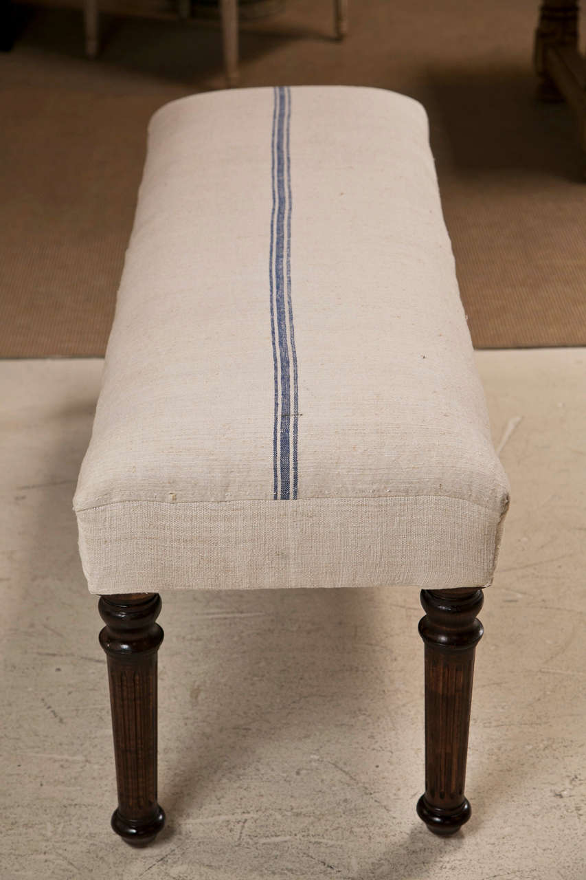 Mahogany Legged Bench Upholstered in Vintage French Grain Sack Fabric 1
