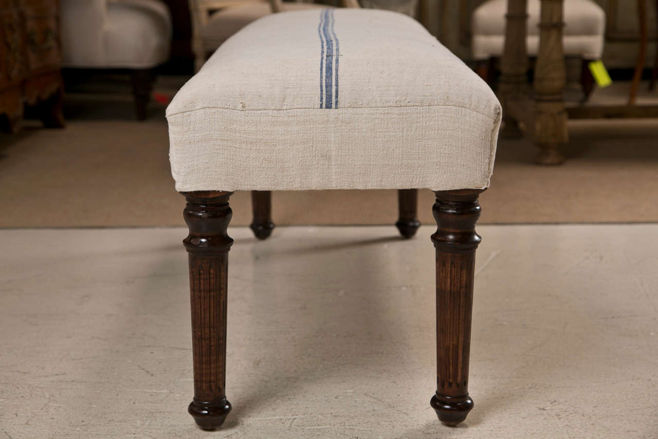 Mahogany Legged Bench Upholstered in Vintage French Grain Sack Fabric 2