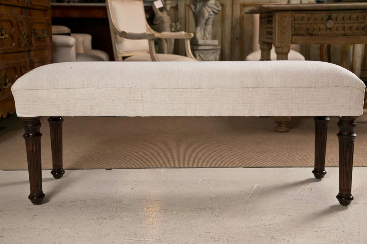 Mahogany Legged Bench Newly Upholstered in Vintage French Grain Sack Fabric