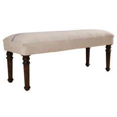Mahogany Legged Bench Upholstered in Vintage French Grain Sack Fabric