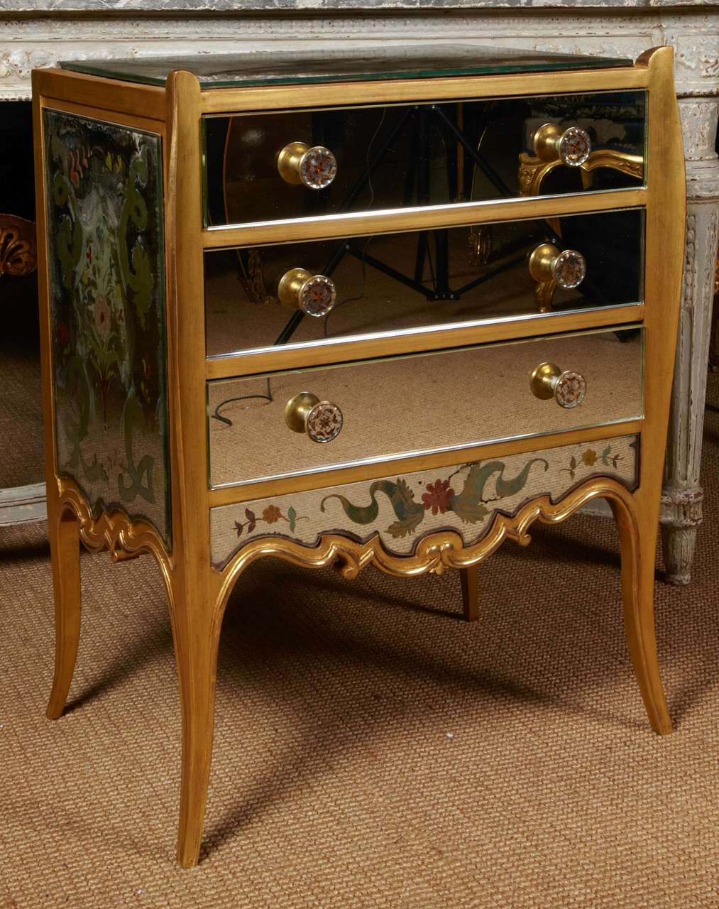Elegant French Giltwood and Eglomised Mirror Commode