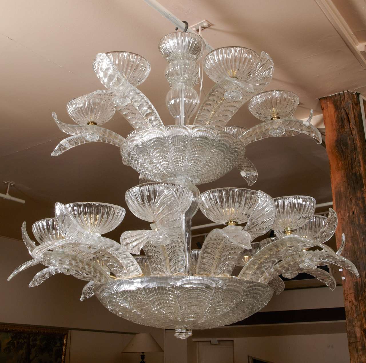 Murano glass chandeliers, two levels, 18 light branches, inside lighting