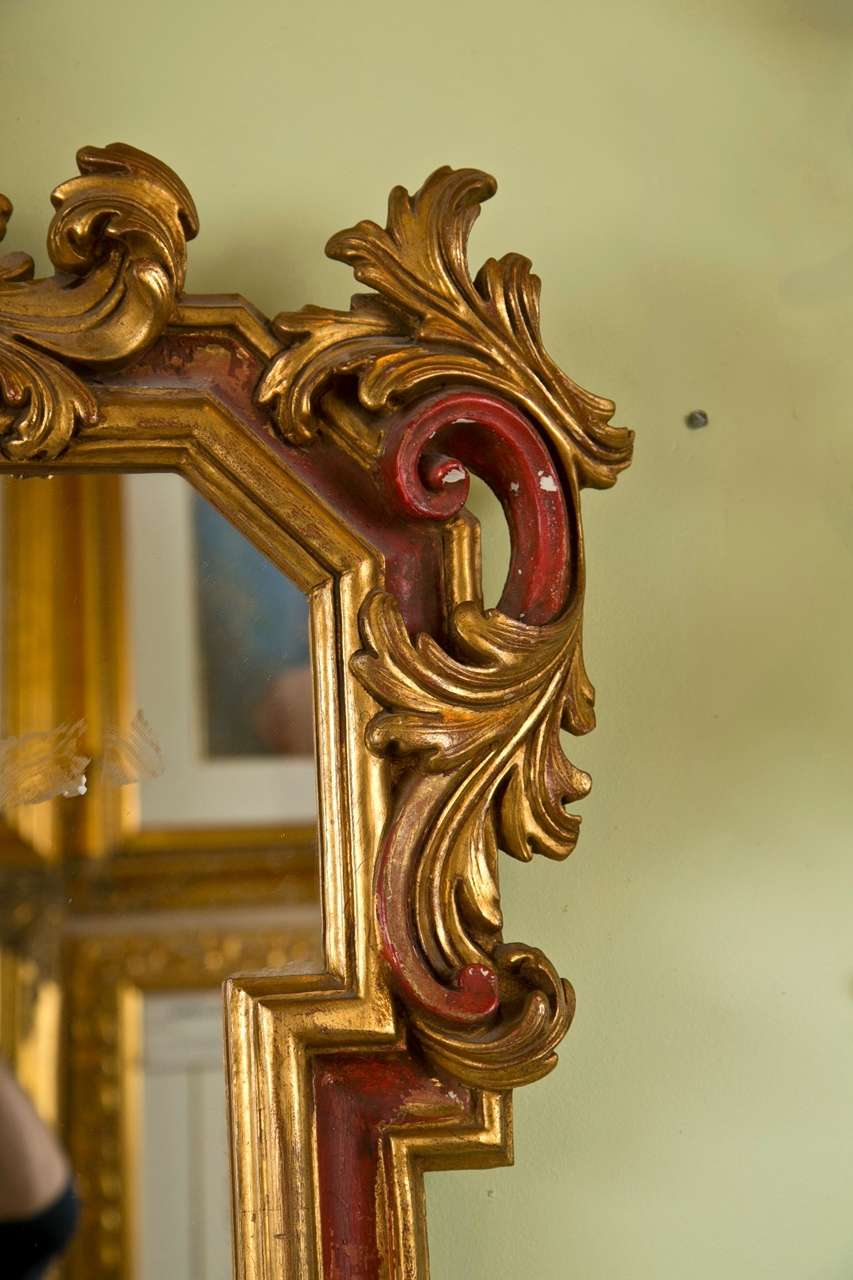 Mid-20th Century Gilt Gold and Paint Decorated Hollywood Regency Style Mirror Floral Leaf border
