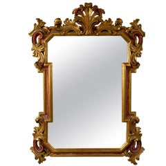 Gilt Gold and Paint Decorated Hollywood Regency Style Mirror Floral Leaf border