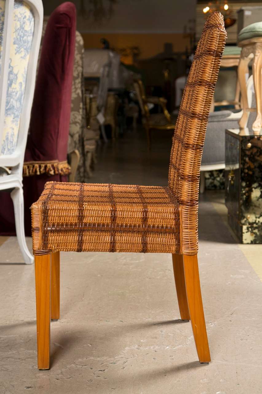 American Set of Four Side Wicker Chairs by Palelek Tweed Decorated Seat And Back For Sale