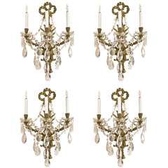 Set of Four Brass & Crystal Wall Sconces