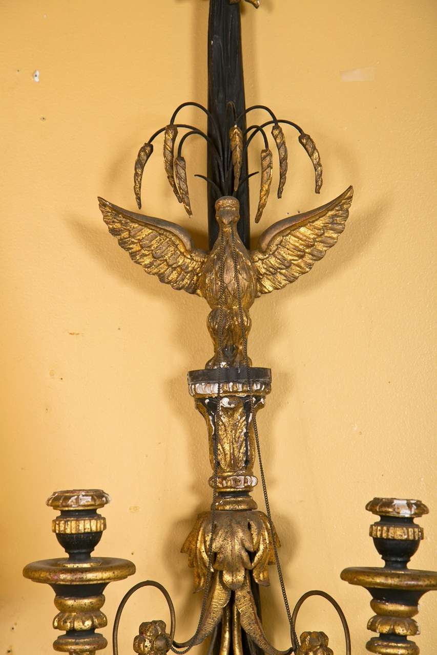 Pair of Federal Eagle Carved Gilt Wall Sconces, Two Lights, 19th Century For Sale 3