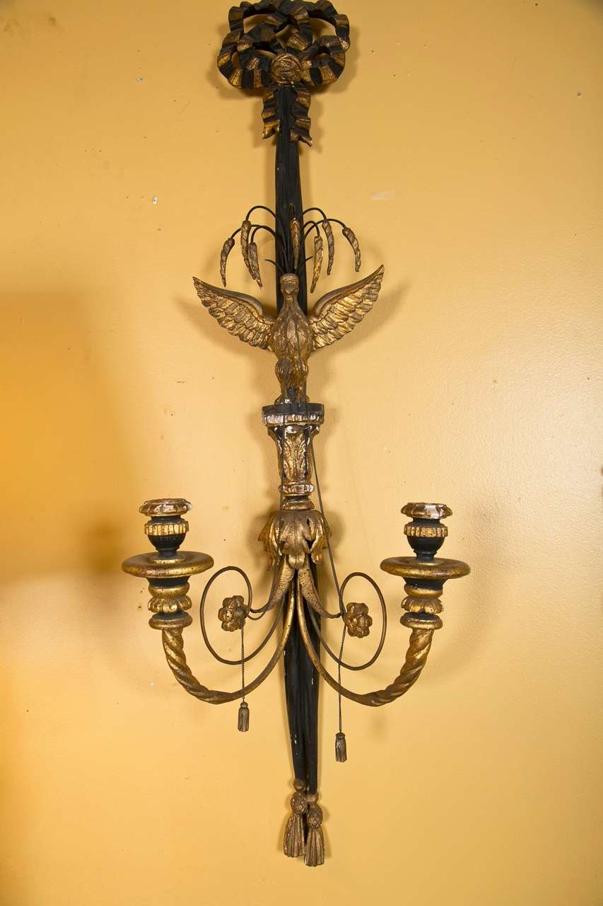 Pair of Federal Eagle Carved Gilt Wall Sconces, Two Lights, 19th Century For Sale 1