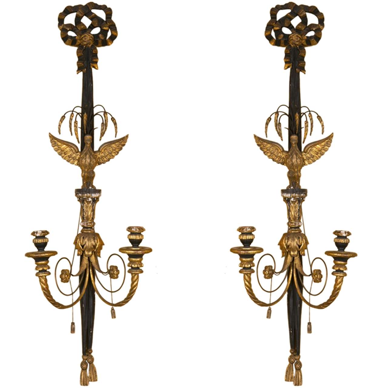 Pair of Federal Eagle Carved Gilt Wall Sconces, Two Lights, 19th Century For Sale
