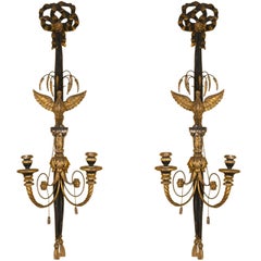 Antique Pair of Federal Eagle Carved Gilt Wall Sconces, Two Lights, 19th Century