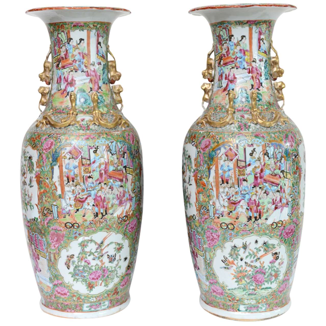 Pair Chinese Porcelain Famille Rose Vases, 24"h, 19th century For Sale