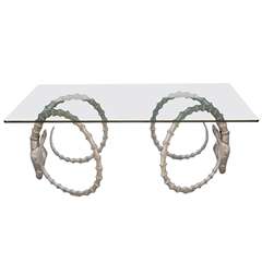 Glass Dining Table with Large Steel Ibex Head Base