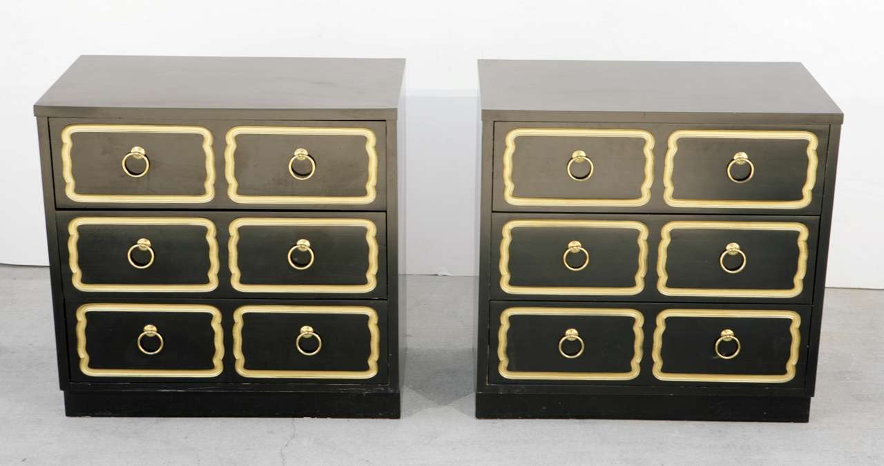 Dorothy Draper 3 drawer chest in black lacquer with gold trim
