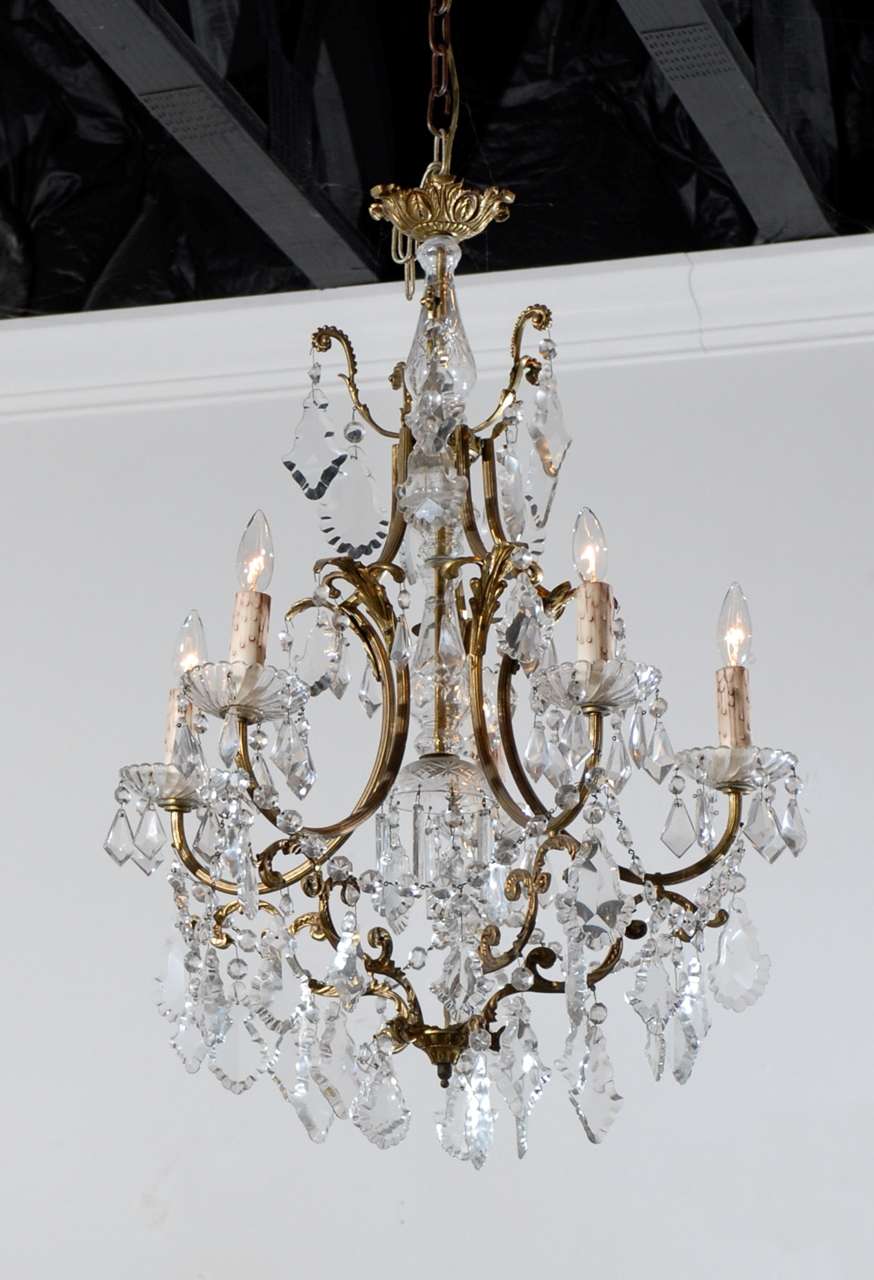 French Rococo Style Late 19th Century, Six-Light Crystal and Bronze Chandelier 4